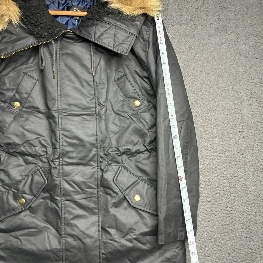 J.Crew Perfect Winter Parka Eco Friendly Primaloft Women Small Black Fur Hood